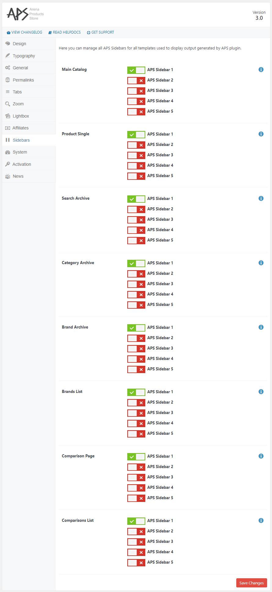 Sidebars Settings