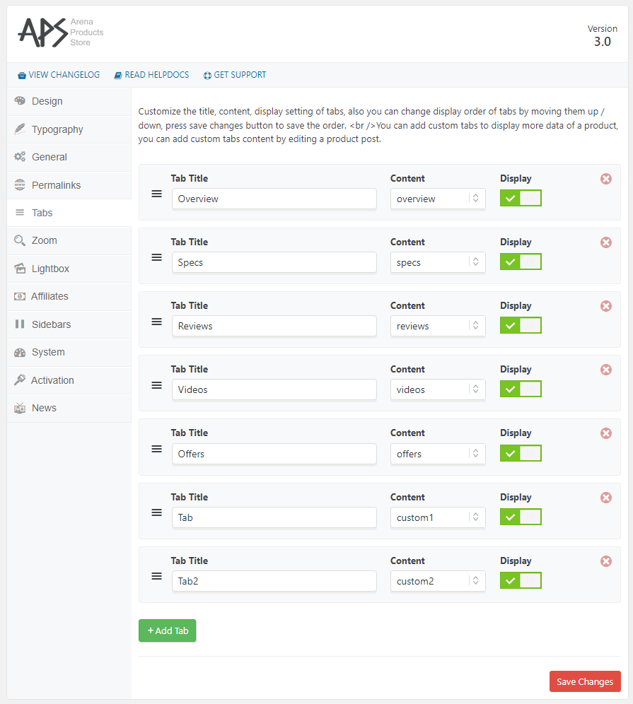Tabs Settings